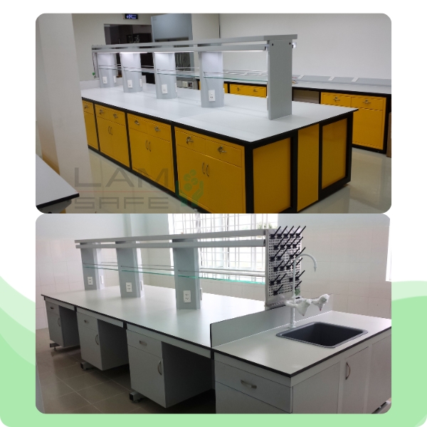 Ke-hoa-chat-ban-thi-nghiem-trung-tam Kệ bàn thí nghiệm trung tâm 2 tầng làm bằng sắt sơn tĩnh điện và mặt kệ bằng kính cường lực dày 5mm