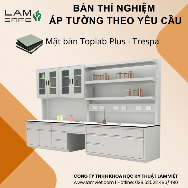 Ban-thi-nghiem-ap-tuong-theo-yeu-cau Bàn thí nghiệm áp tường Lamsafe có nhiều kích thước hợp với diện tích phòng thí nghiệm