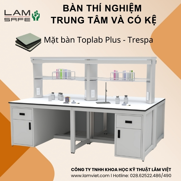 Ban-thi-nghiem-trung-tam-co-ke-hoa-chat Bàn thí nghiệm trung tâm tích hợp sẵn kệ hóa chất cho các kỹ thuật viên thí nghiệm cất trữ và thao tác nhanh chóng
