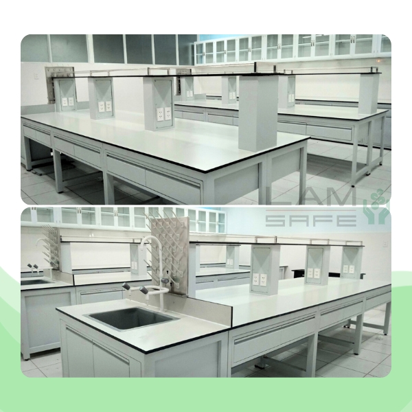 Ban-thi-nghiem-trung-tam-ke-1-tang Bàn thí nghiệm trung tâm với kệ 1 tầng để dụng cụ thủy tinh và vật tư phòng thí nghiệm