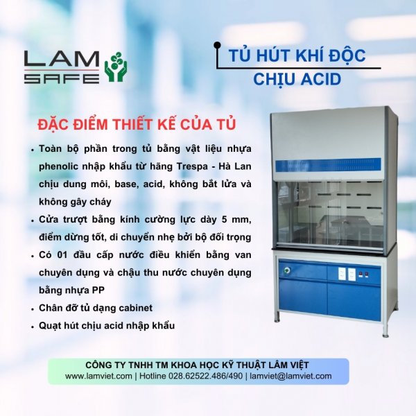 Tủ hút khi độc chịu acid Tủ hút khí độc chịu acid nhờ làm bằng vật liệu phenolic hãng Trespa