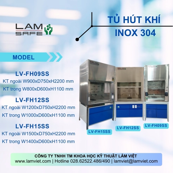 Các model tủ hút khí độc inox 304 thương hiệu Lamsafe 3 loại model tủ hút khí độc inox 304 với kích thước khác nhau để khách hàng chọn lựa theo nhu cầu