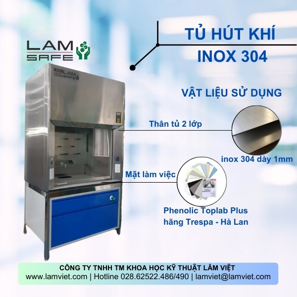 Tủ hút khí độc inox 304 thương hiệu Lamsafe Tủ hút khí độc inox 304 kháng hóa chất dành cho phòng thí nghiệm